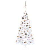 Chic Half-Moon Splendor: LED-Lit White Artificial Christmas Tree with Ornaments