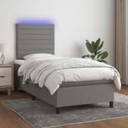 Dark Grey Fabric Box Spring Bed with LED Pocket Spring Mattress King Single