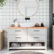 Natural Radiance: Light Brown Treated Solid Wood Bathroom Countertop 