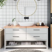 Sophistication: Light Brown Treated Solid Wood Bathroom Countertop