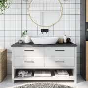 Sleek Modernity: Dark Grey Treated Solid Wood Bathroom Countertop