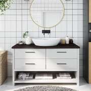 Modern Tranquility: Dark Grey Treated Solid Wood Bathroom Countertop