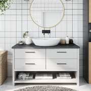 Modern Tranquility: Dark Grey Treated Solid Wood Bathroom Countertop