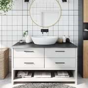 Sleek Sanctuary: Dark Grey Treated Solid Wood Bathroom Countertop