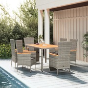 Stylish and Comfortable: Grey Poly Rattan 7-Piece Garden Dining Set with Cushions