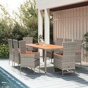 Stylish and Comfortable: Grey Poly Rattan 9-Piece Garden Dining Set with Cushions