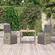 3 Pcs Stylish and Durable: Grey Poly Rattan Garden Dining Set with Cushions