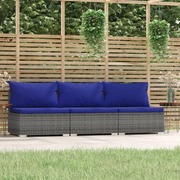 3-Seater Sofa with Cushions Grey Poly Rattan