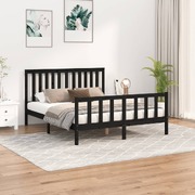 Regal Slumber: Black Solid Wood Pine Queen Size Bed Frame with Headboard