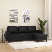 3-Seater Sofa with Footstool Black Faux Leather