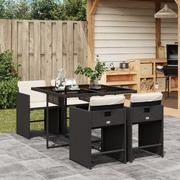 5-Piece Garden Dining Set with Cushions Black Poly Rattan