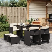9-Piece Garden Dining Set with Cushions Black Poly Rattan