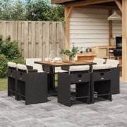 Elegance: 9 Piece Garden Dining Set with Cushions Black Poly Rattan