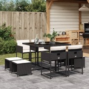 9-Pcs Garden Dining Set with Cushions Black Poly Rattan