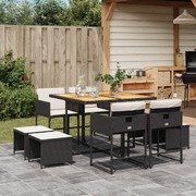 9-Piece Black Poly Rattan Dining Set with Plush Cushions
