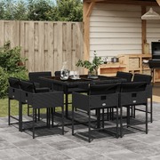 9-Piece Black Poly Rattan Garden Dining Set Adorned with Cushions