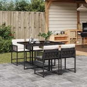 5 Piece Garden Dining Set with Cushions-Black Poly Rattan