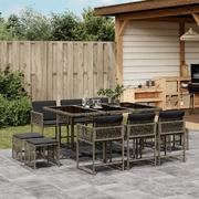 11-Piece Grey Poly Rattan Outdoor Dining Set with Plush Cushions
