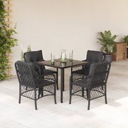 Charm: 5-Piece Garden Dining Ensemble in Black Poly Rattan with Cushions