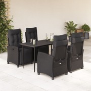 Comfort:5 Piece Garden Dining Set with Cushions Black Poly Rattan