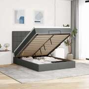 Sleek Ottoman Bed with Mattress & LED Lights in Dark Grey Queen Fabric