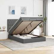 Elegant Ottoman Bed with LED Lighting, Mattress & Dark Grey Queen Fabric