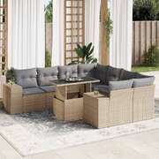 Sleek 9 Piece Garden Sofa Set with Cushions Beige Poly Rattan
