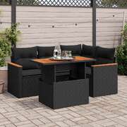 5 Pcs Garden Sofa Set with Cushions Black Poly Rattan Acacia - Sleek & Functional