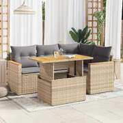 5 Piece Garden Sofa Set with Cushions Beige Poly Rattan Acacia - Modern