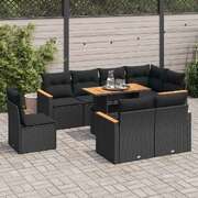 9 Piece Garden Sofa Set with Cushions Black Poly Rattan Acacia - Stylish
