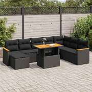 9 Piece Garden Sofa Set with Cushions Black Poly Rattan Acacia - Outdoor Relaxation