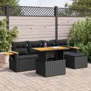 Luxurious 7 Piece Garden Sofa Set with Cushions Black Poly Rattan Acacia