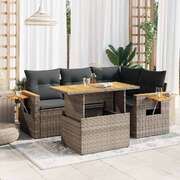 4 Piece Garden Sofa Set with Cushions Grey Poly Rattan Acacia - Durable & Chic