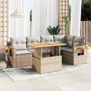 5 Piece Garden Sofa Set with Cushions Beige Poly Rattan Acacia - Durable & Chic
