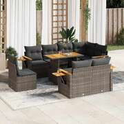 9 Piece Garden Sofa Set with Cushions - Grey Poly Rattan Acacia