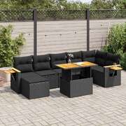 Stylish 8 Piece Garden Sofa Set with Cushions - Black Poly Rattan Acacia