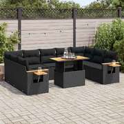 Modern 10 Piece Garden Sofa Set with Cushions Black Poly Rattan Acacia
