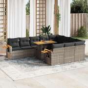 10 Pcs Garden Sofa Set with Cushions Grey Poly Rattan Acacia - Durable & Chic