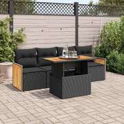 Stylish Comfort 5 Piece Garden Sofa Set with Cushions Black Poly Rattan Acacia