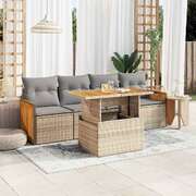 5 Piece Garden Sofa Set with Cushions Beige Poly Rattan Acacia - Elegant