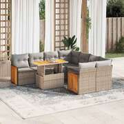 9 Piece Garden Sofa Set with Cushions Beige Poly Rattan Acacia - Elegant