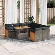 9 Piece Garden Sofa Set with Cushions Grey Poly Rattan Acacia - Durable