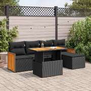 Modern 6 Piece Garden Sofa Set with Cushions Black Poly Rattan Acacia