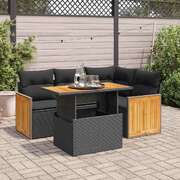 Stylish 5 Piece Garden Sofa Set with Cushions Black Poly Rattan Acacia