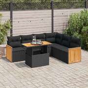 Stylish Comfort 7 Piece Garden Sofa Set with Cushions - Black Poly Rattan Acacia