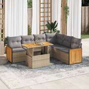 7 Pcs Garden Sofa Set with Cushions Beige Poly Rattan Acacia - Elegant