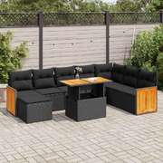 Modern 7 Piece Garden Sofa Set with Cushions Black Poly Rattan Acacia