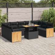 Versatile 10 Piece Garden Sofa Set with Cushions Black Poly Rattan Acacia