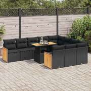 Garden Sofa Set with Cushions Couch 11 Piece Black Poly Rattan Acacia