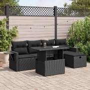 6 - Piece Garden Sofa Set with Cushions Black Poly Rattan